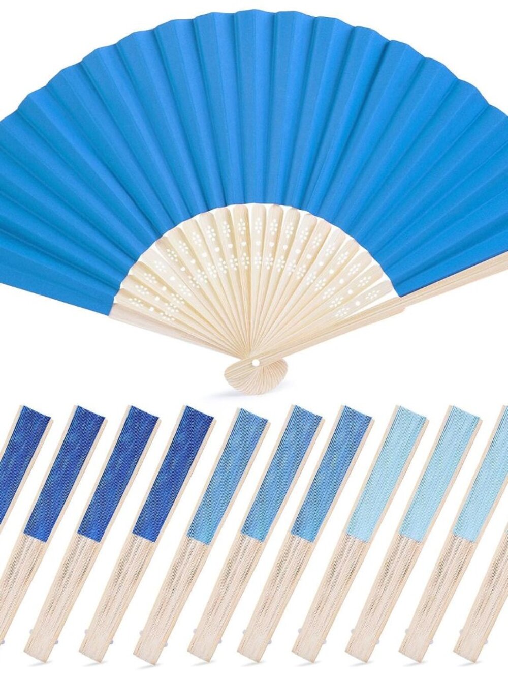 12 PCS Blue Paper Foldable Hand Fans, 8.3 Inch Handheld Portable